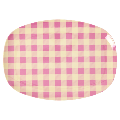 Pink Check Print Rectangular Melamine Plate Rice